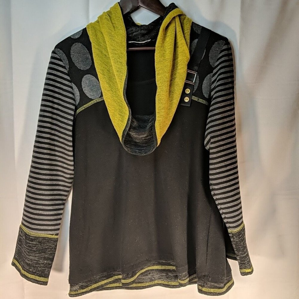 Zoe Black Green Sweater Cowl Neck Striped Polka Dots Unique Buckle M Medium
